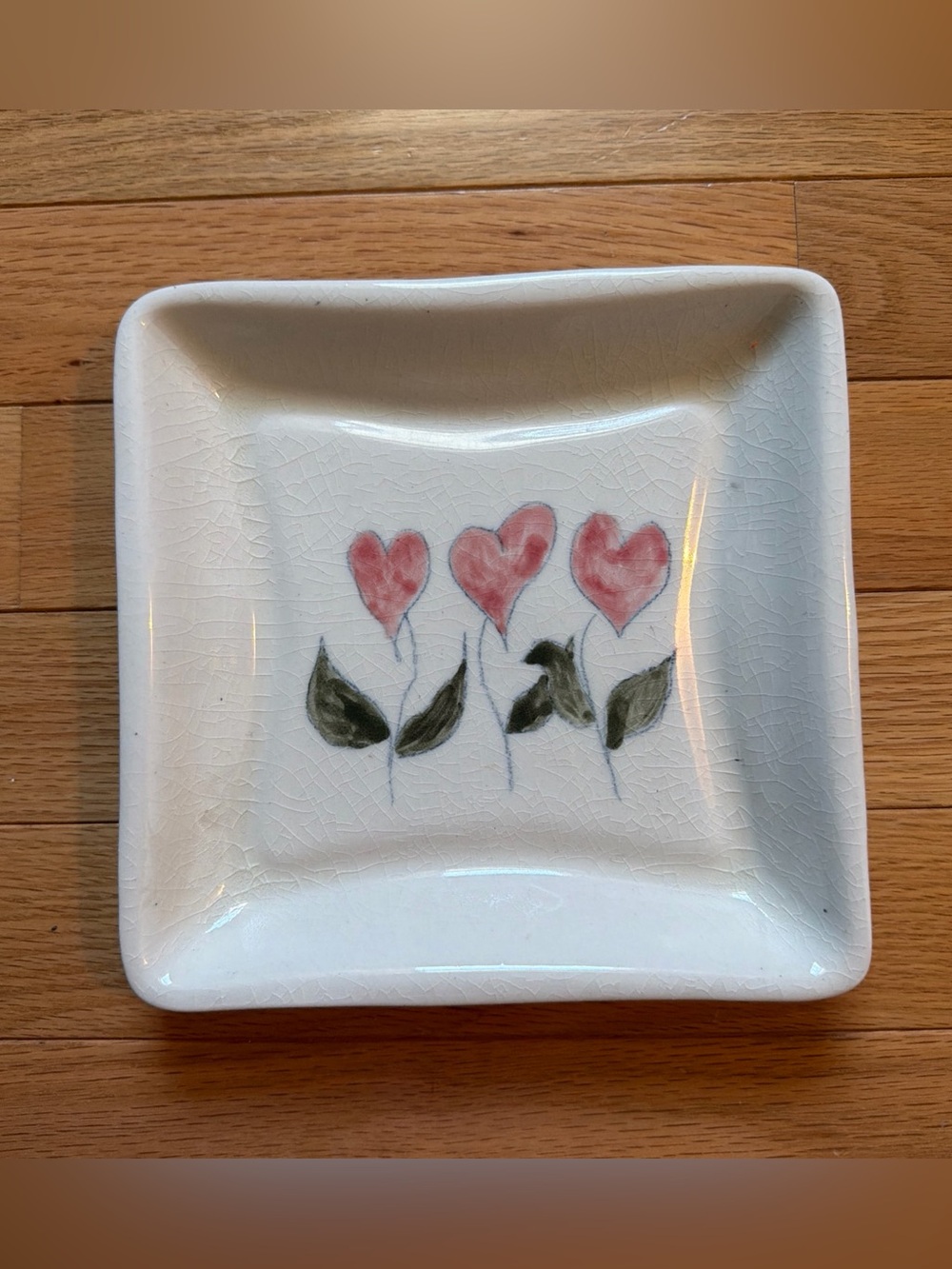 Square Ceramic Dish with Pink Heart Flowers
